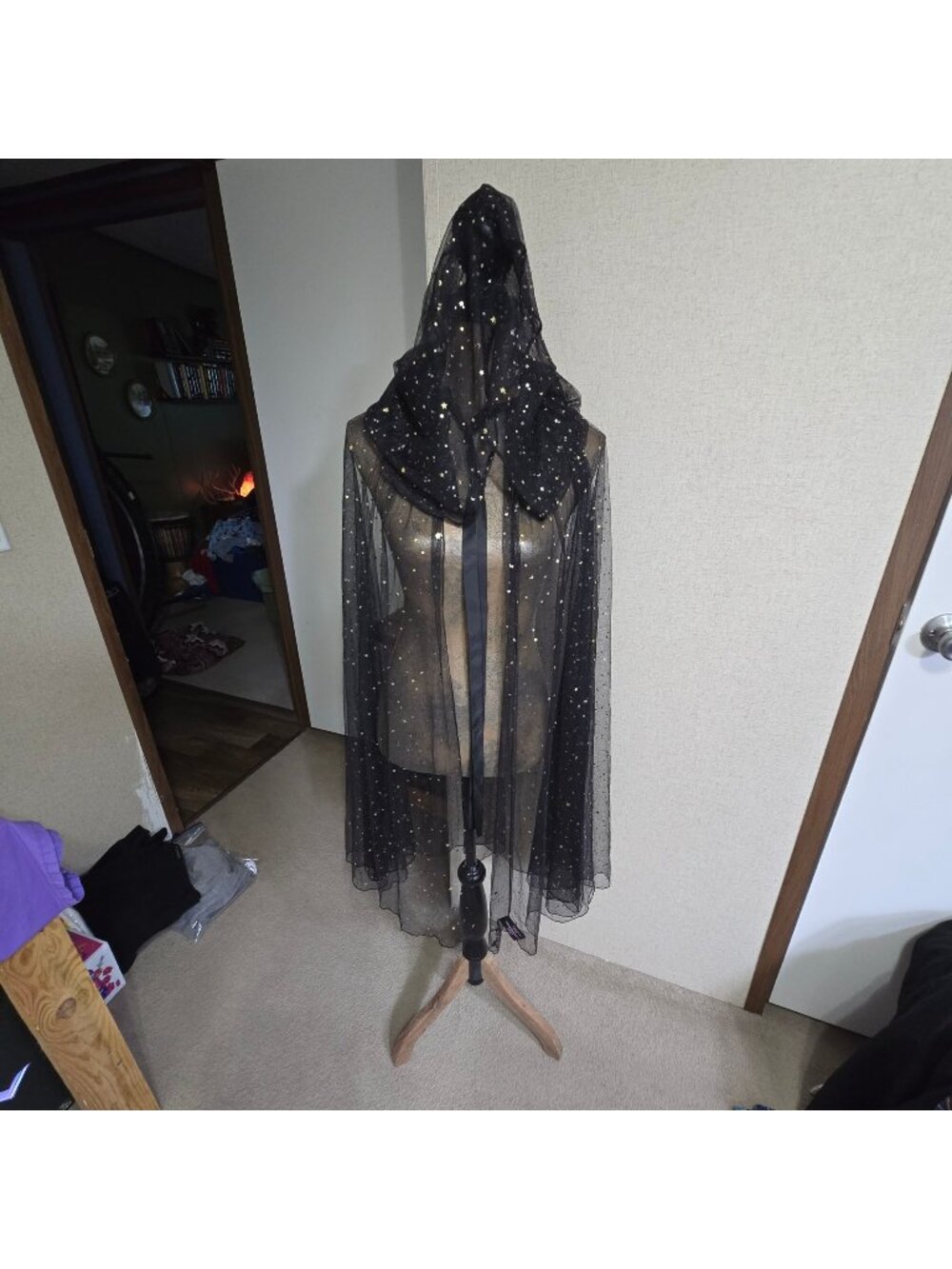 OS Unisex Hooded Cape Cloak Black Sheer Glitter Star Moon Celestial Robe Wrap